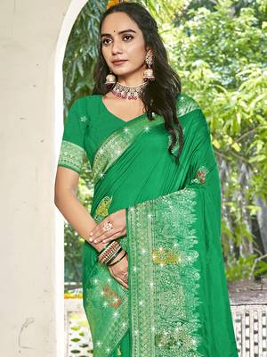 Sangam prints green silk woven work festival saree 2