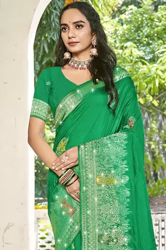 Sangam prints green silk woven work festival saree