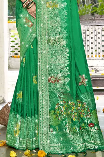 Sangam prints green silk woven work festival saree