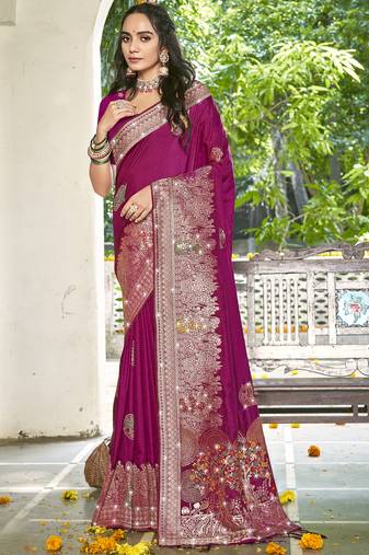 Sangam prints magenta silk woven work festival saree