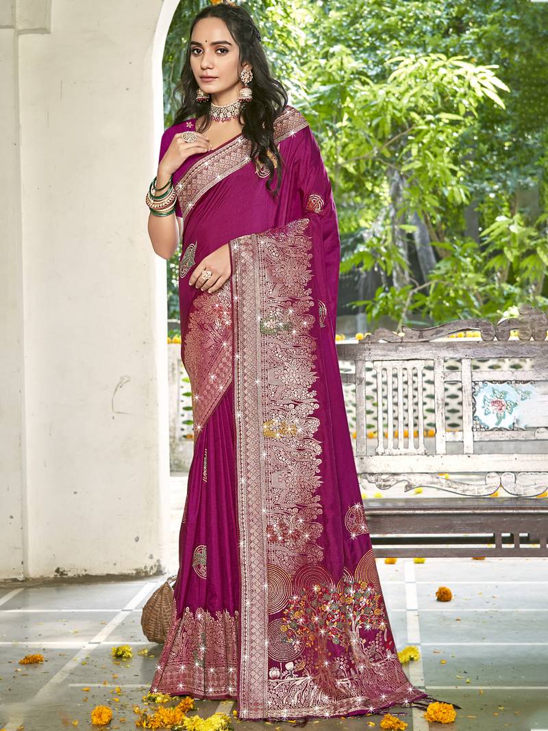 Sangam prints magenta silk woven work festival saree