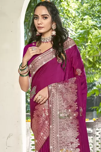 Sangam prints magenta silk woven work festival saree