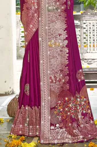 Sangam prints magenta silk woven work festival saree
