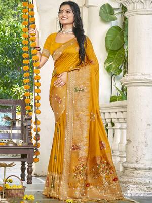 Sangam prints mustard silk woven work festival saree 1