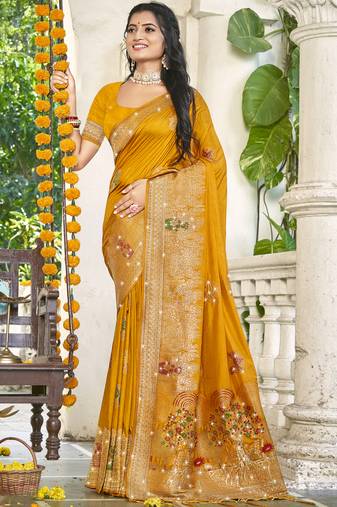 Sangam prints mustard silk woven work festival saree