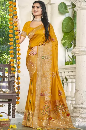 Sangam prints mustard silk woven work festival saree