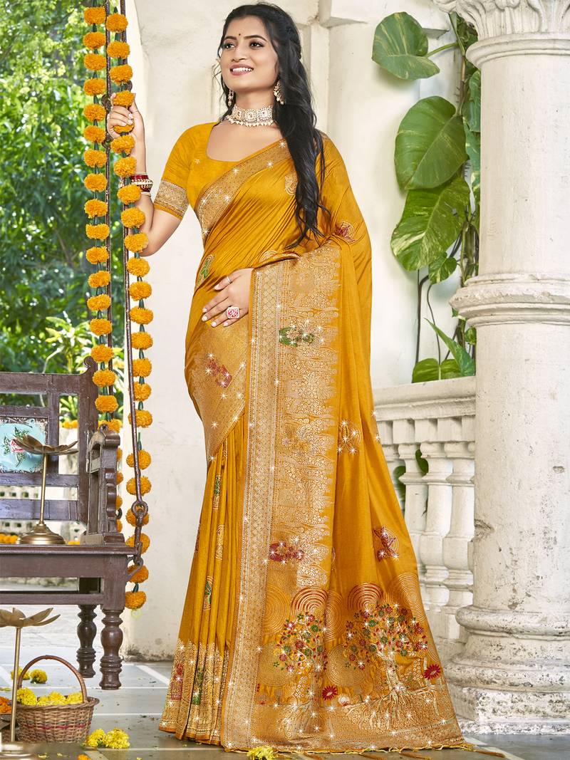 Sangam prints mustard silk woven work festival saree