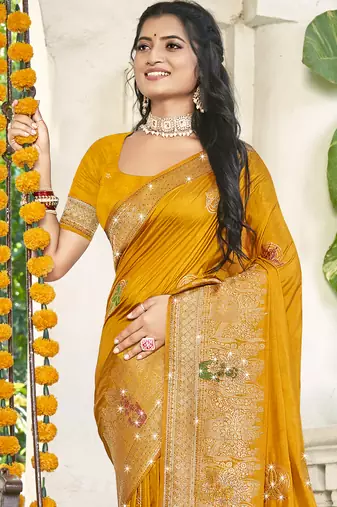 Sangam prints mustard silk woven work festival saree