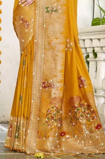Sangam prints mustard silk woven work festival saree