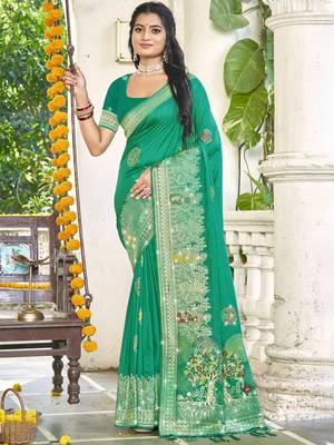 Sangam prints teal green silk woven work festival saree 1