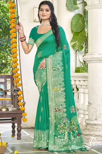 Sangam prints teal green silk woven work festival saree