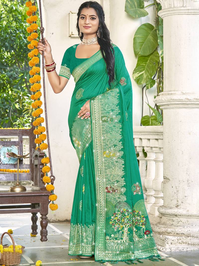 Sangam prints teal green silk woven work festival saree