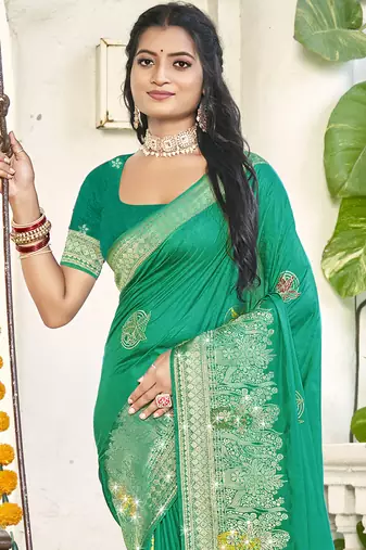 Sangam prints teal green silk woven work festival saree
