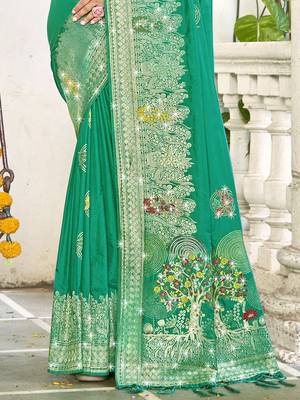 Sangam prints teal green silk woven work festival saree 3