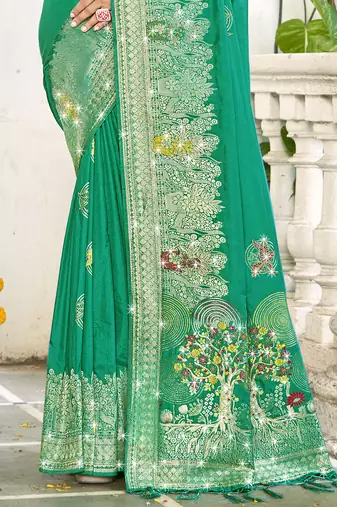 Sangam prints teal green silk woven work festival saree