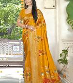 Sangam prints mustard silk woven work festival saree