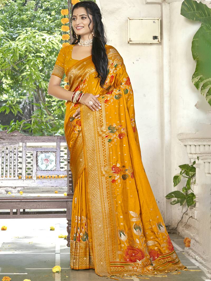 Sangam prints mustard silk woven work festival saree