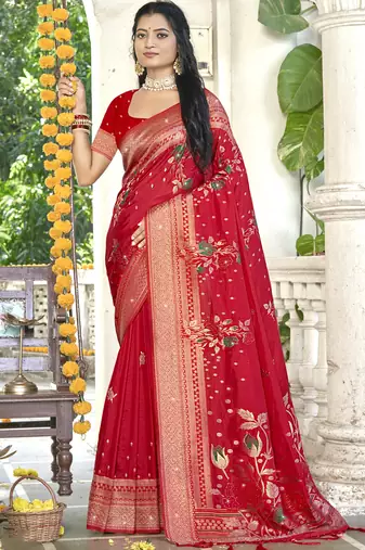 Sangam prints red silk woven work festival saree