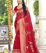 Sangam prints red silk woven work festival saree