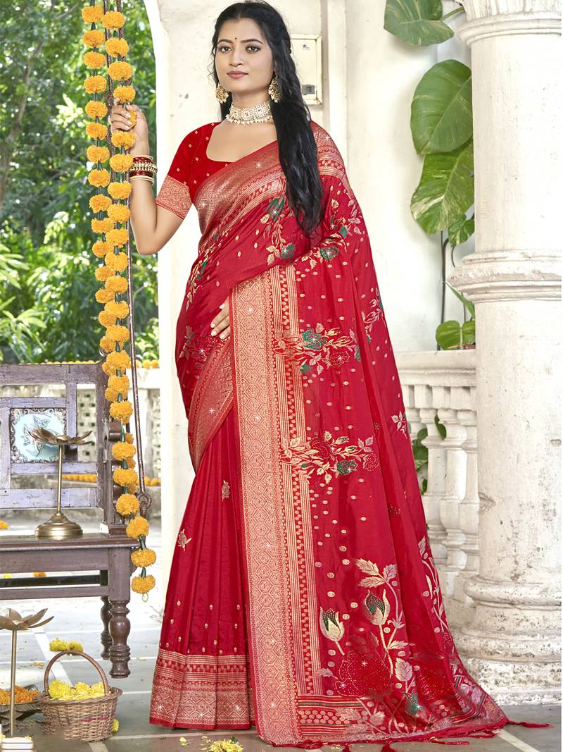 Sangam prints red silk woven work festival saree