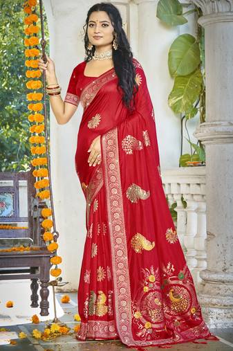 Sangam prints red silk woven work festival saree