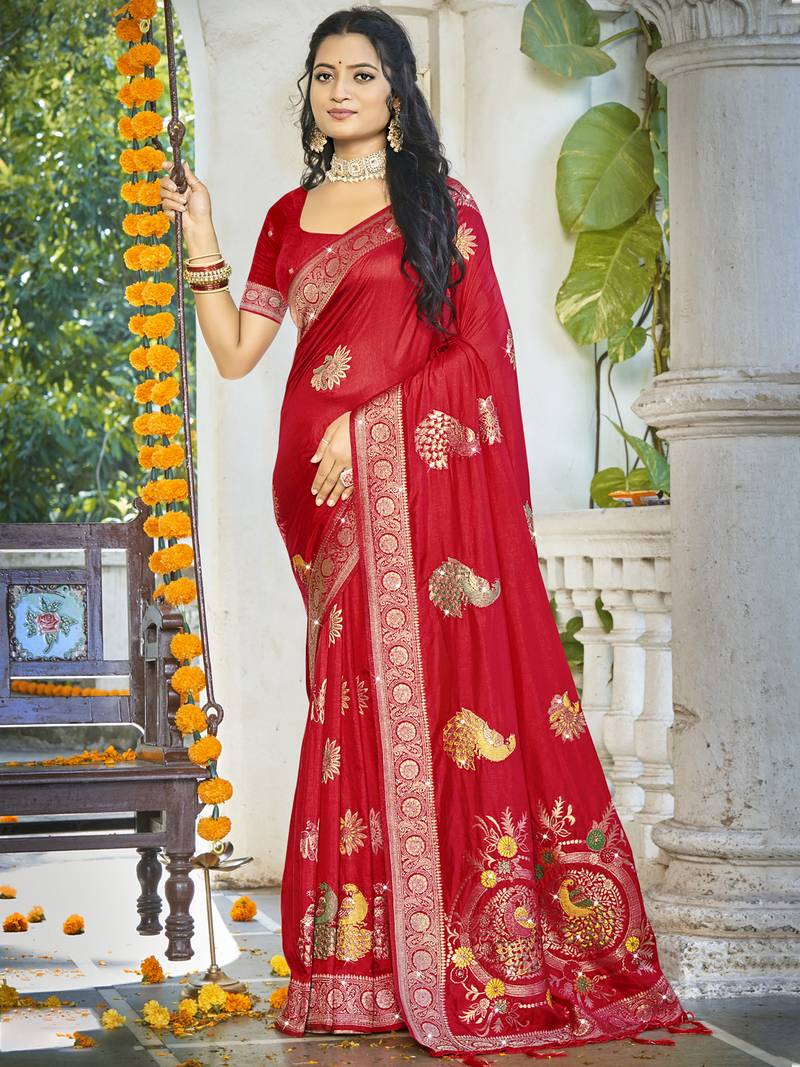 Sangam prints red silk woven work festival saree