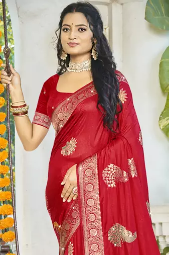 Sangam prints red silk woven work festival saree