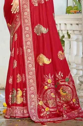 Sangam prints red silk woven work festival saree