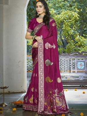 Sangam prints magenta silk woven work festival saree 1