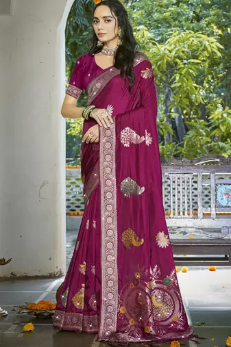 Sangam prints magenta silk woven work festival saree