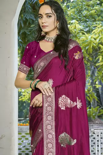 Sangam prints magenta silk woven work festival saree