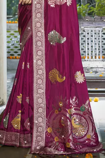 Sangam prints magenta silk woven work festival saree