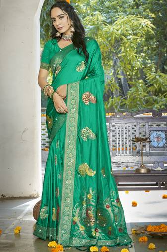 Sangam prints teal green silk woven work festival saree