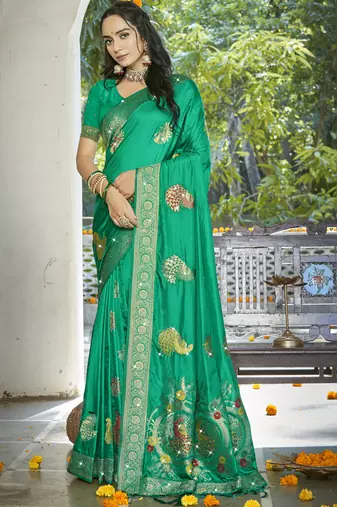 Sangam prints teal green silk woven work festival saree