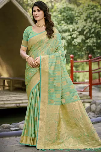 Sangam prints pista green silk woven work festival saree