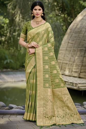 Sangam prints light green silk woven work festival saree