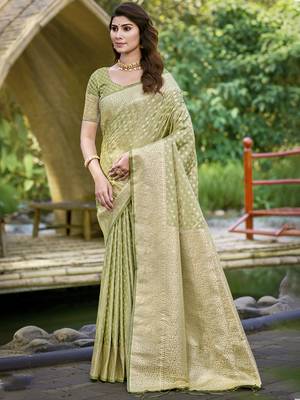 Sangam prints olive green silk woven work festival saree 1