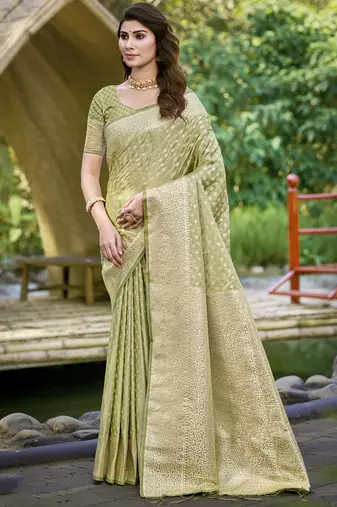 Sangam prints olive green silk woven work festival saree