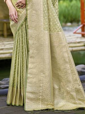 Sangam prints olive green silk woven work festival saree 3