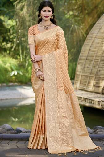 Sangam prints orange silk woven work festival saree