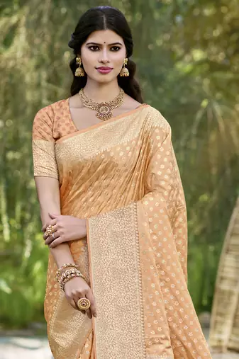 Sangam prints orange silk woven work festival saree