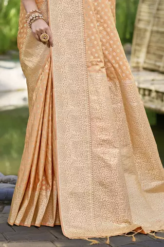 Sangam prints orange silk woven work festival saree