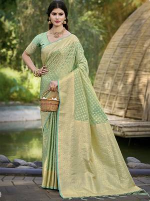 Sangam prints green silk woven work festival saree 1