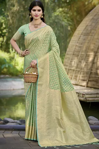 Sangam prints green silk woven work festival saree
