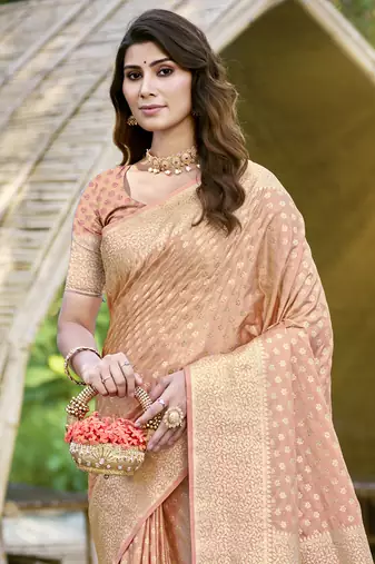 Sangam prints peach silk woven work festival saree