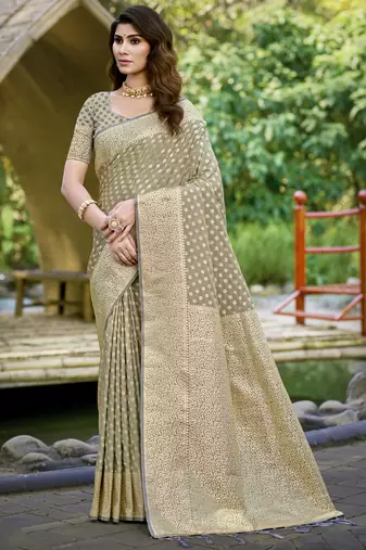 Sangam prints grey silk woven work festival saree