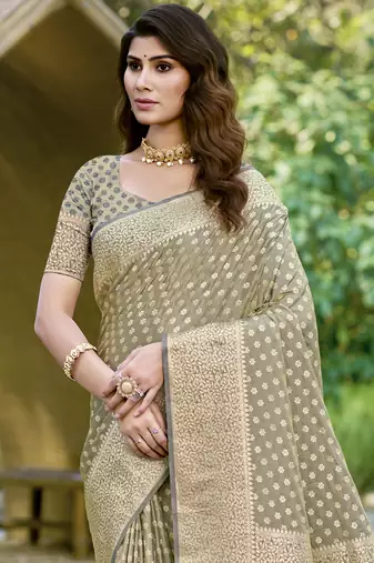 Sangam prints grey silk woven work festival saree