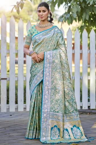 Sangam prints turquoise silk woven work festival saree