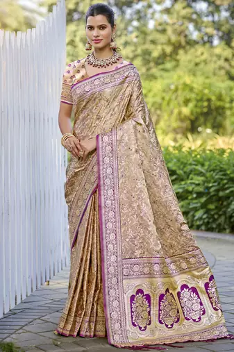 Sangam prints beige silk woven work festival saree