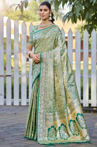 Sangam prints pista green silk woven work festival saree